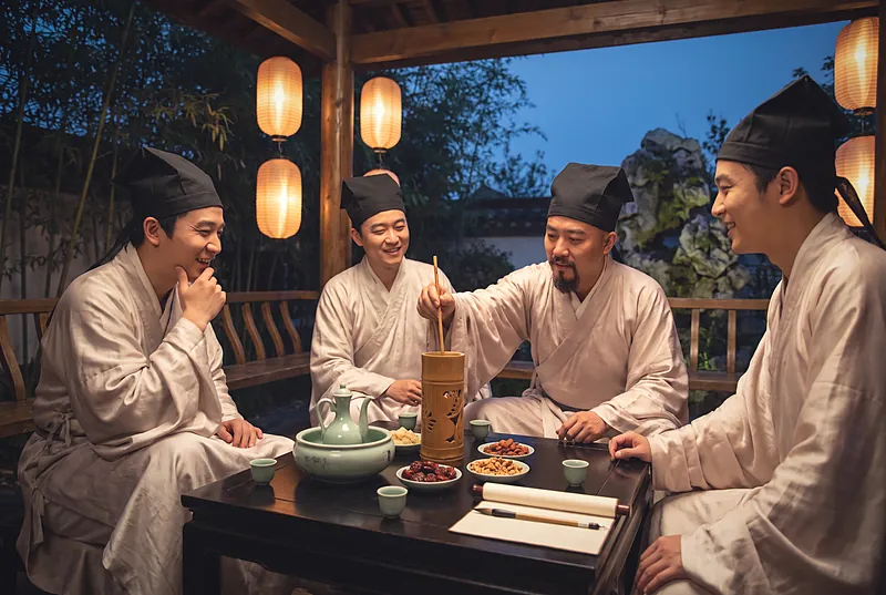 宋代文人围坐宴饮，灯笼映照下，从筒中抽取竹制酒筹行令