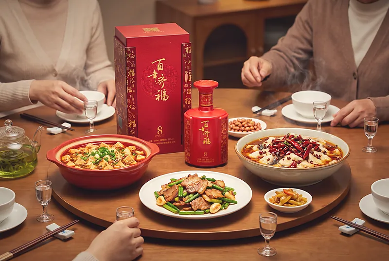 一桌四川家宴：麻婆豆腐、回锅肉、水煮鱼，旁边摆着百年齐福·8和几只小酒杯