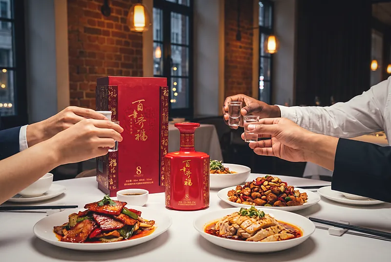 欧洲餐厅的餐桌上摆着川菜和白酒小杯，来自不同国家的客人举杯