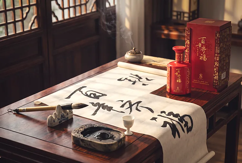 书法家的案头，一幅正在书写的狂草长卷，旁有砚台、毛笔、小酒杯和一瓶百年齐福·8