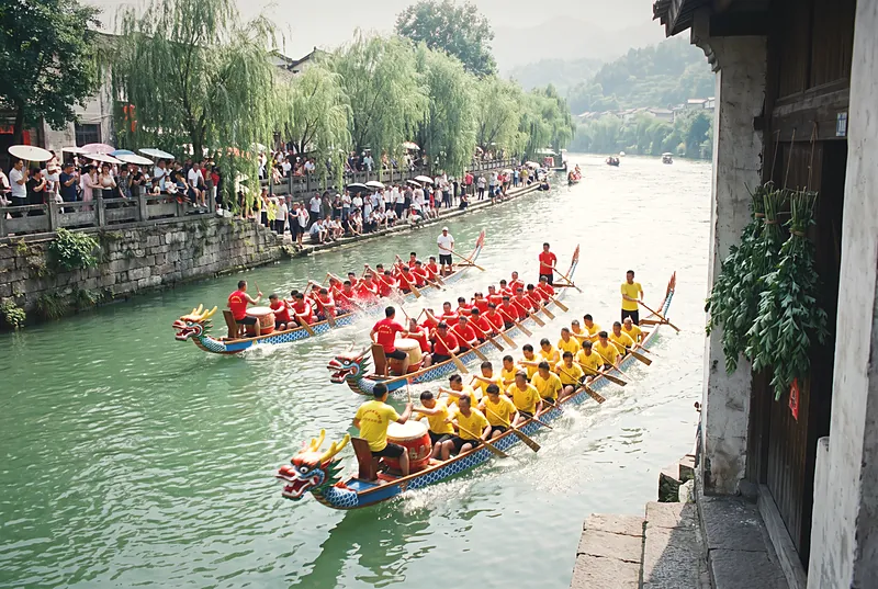 初夏四川的绿色河面上，彩色龙舟竞渡，鼓手击鼓，岸边观众热闹围观