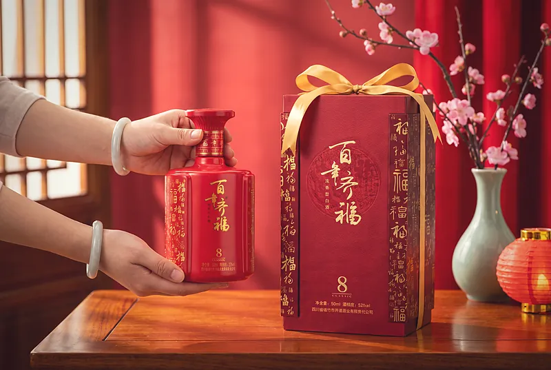 双手捧着系金色缎带的红色酒礼盒，背景是喜庆的红色与梅花