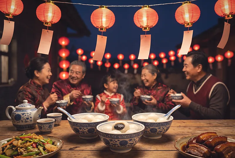 夜晚家宴桌上的芝麻汤圆，上方挂着系有谜条的灯笼