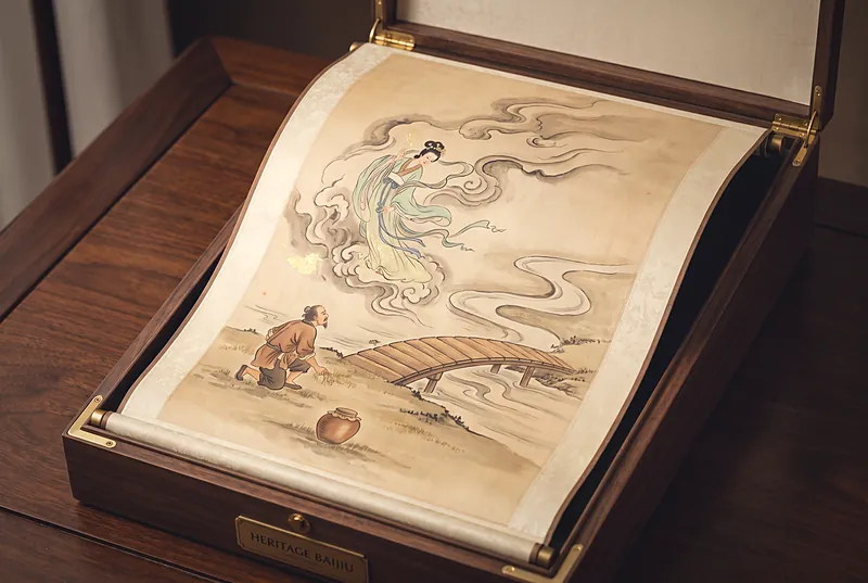 琼浆仙子与齐福在马尾河畔（工笔水墨插画）