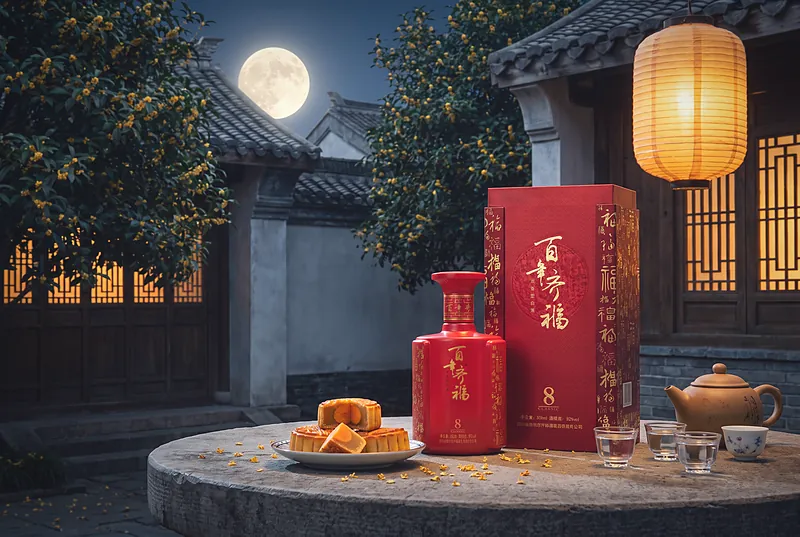 满月高悬中式庭院，桂花树下的石桌上摆着月饼、小酒杯和一瓶红色的百年齐福·8