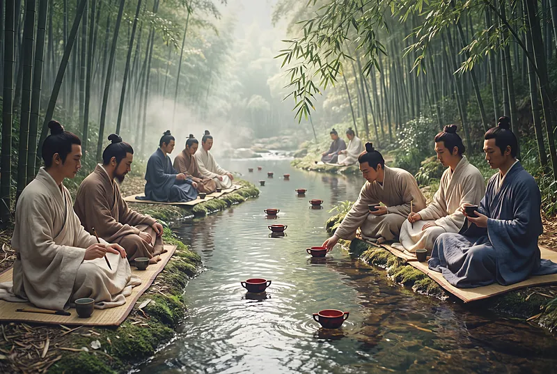 春日竹林中，身着晋代长袍的文人沿蜿蜒溪水列坐，小漆杯在水面漂流
