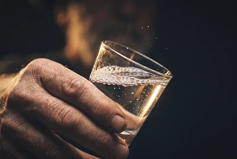 深色背景下，酿酒师的手轻晃一只玻璃小杯，清澈酒液表面泛起细密的酒花