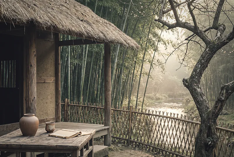 成都杜甫草堂的茅屋掩映在竹林与梅树间，小桌上放着一只酒坛