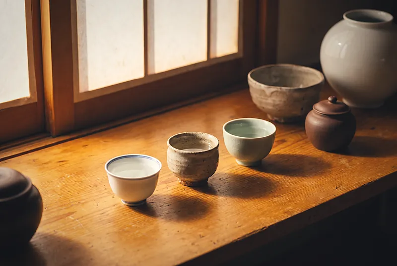 木质吧台上并排三只盛着清澈烈酒的小杯，旁边是中国、日本与韩国风格的陶瓷器
