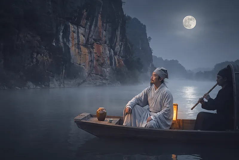 月夜赤壁之下，一位宋代文人坐在小舟上，身旁放着一只小酒坛，水墨写实风格