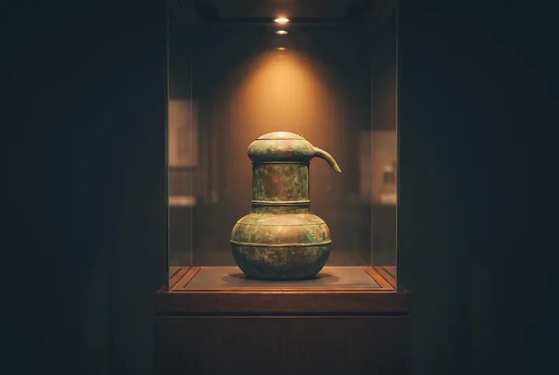 博物馆展柜中的古代中国青铜蒸馏器，暖色聚光灯照明