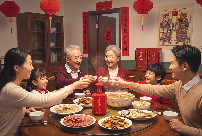 除夕年夜饭桌，三代同堂围坐，满桌菜肴间摆着百年齐福·8红色酒瓶，背景有红灯笼和春联